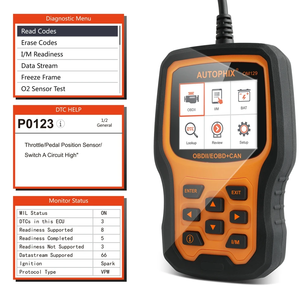 Autophix OM129 obd2 считыватель кодов считывание ясно код ошибки для более 48 автомобили