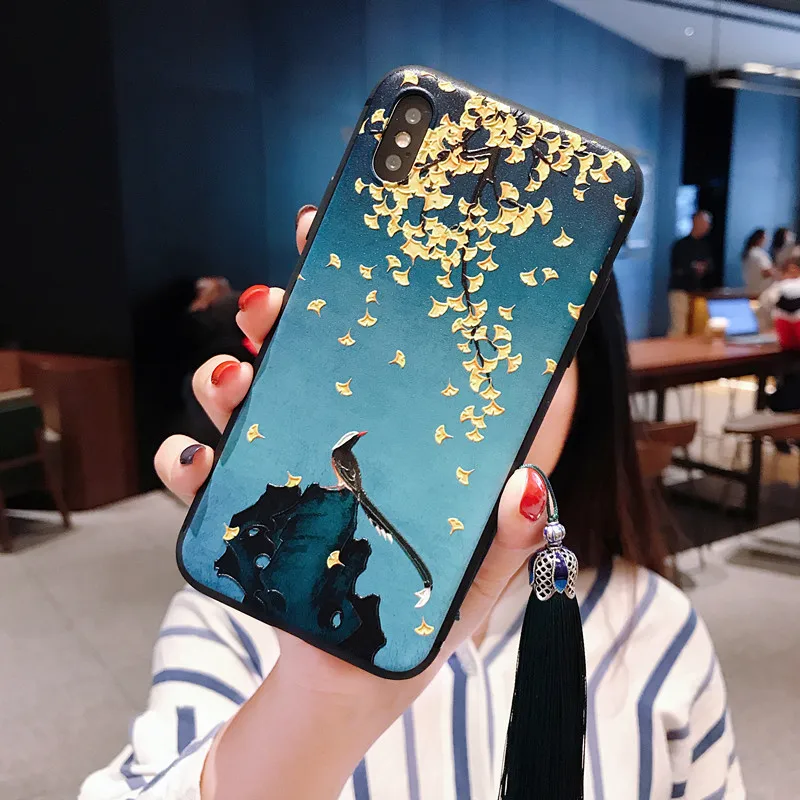 Китайский стиль тисненый чехол для телефона с кисточкой для iPhone 11 Pro Max XS MAX XR мягкая задняя крышка для iPhone X 8 7 6S 6 Plus Coque