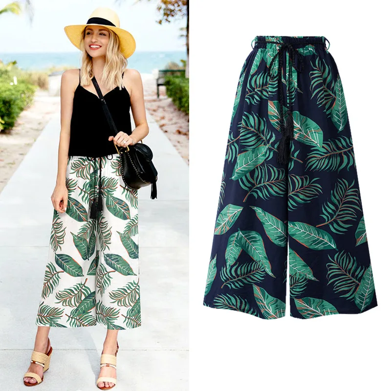 Summer Beach Wide Leg Pants for Female Chiffon Floral Print High Waisted Ankle-Length Slimming Trousers 456XL Dropshipping SP023 | Женская
