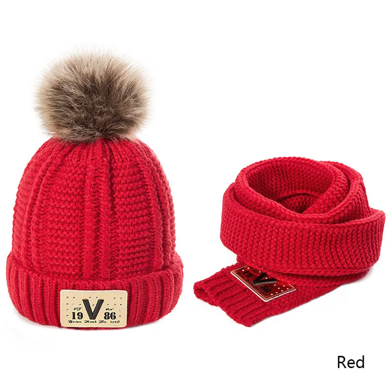 Red REAKIDS/Новые Детские шапочки, зимняя шапка, шарф, комплект, теплая вязаная шапка для мальчиков и девочек, хлопковая детская шапка с шарфом, шапочки, шапка, шарф - Цвет: Red