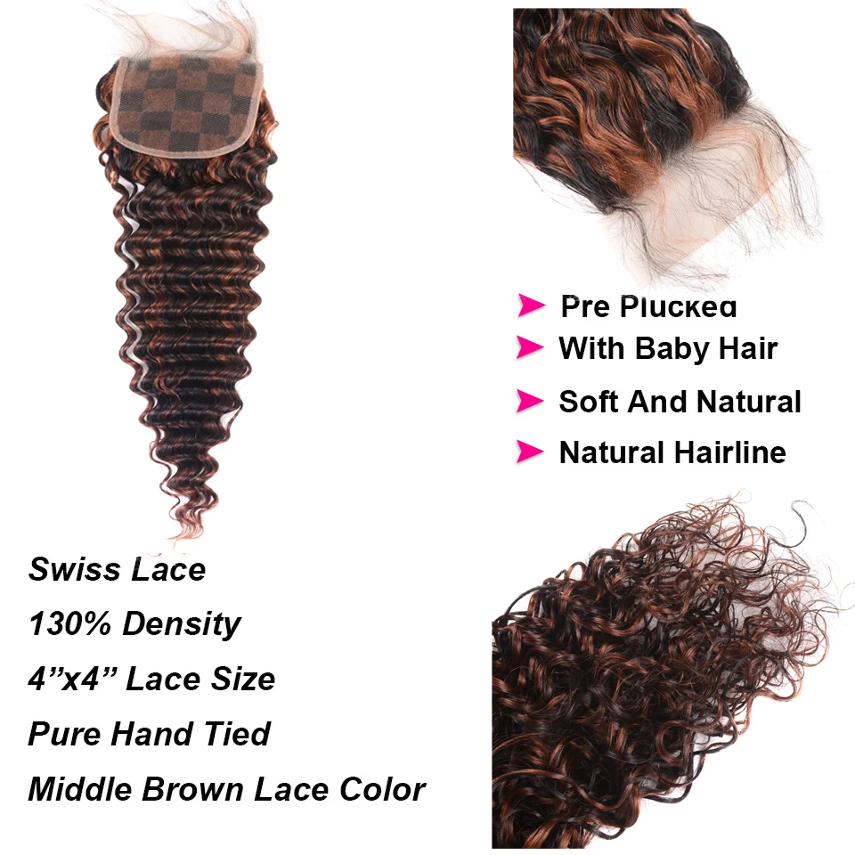 Shuangya Омбре пучки с закрытием бразильские глубокие волнистые человеческие волосы