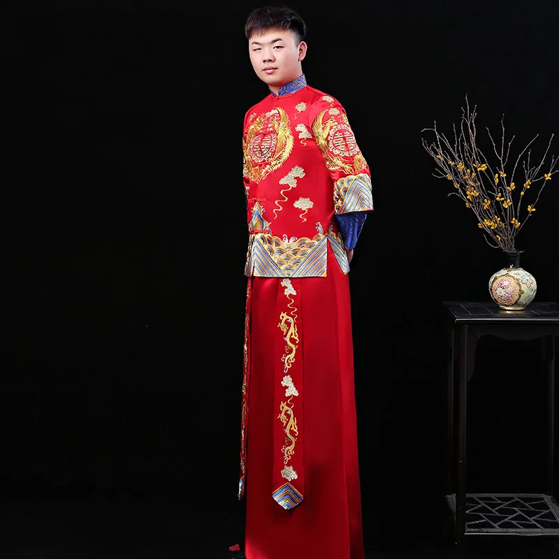 Мужской красный cheongsam тост костюмы жениха платье куртка длинное Традиционный