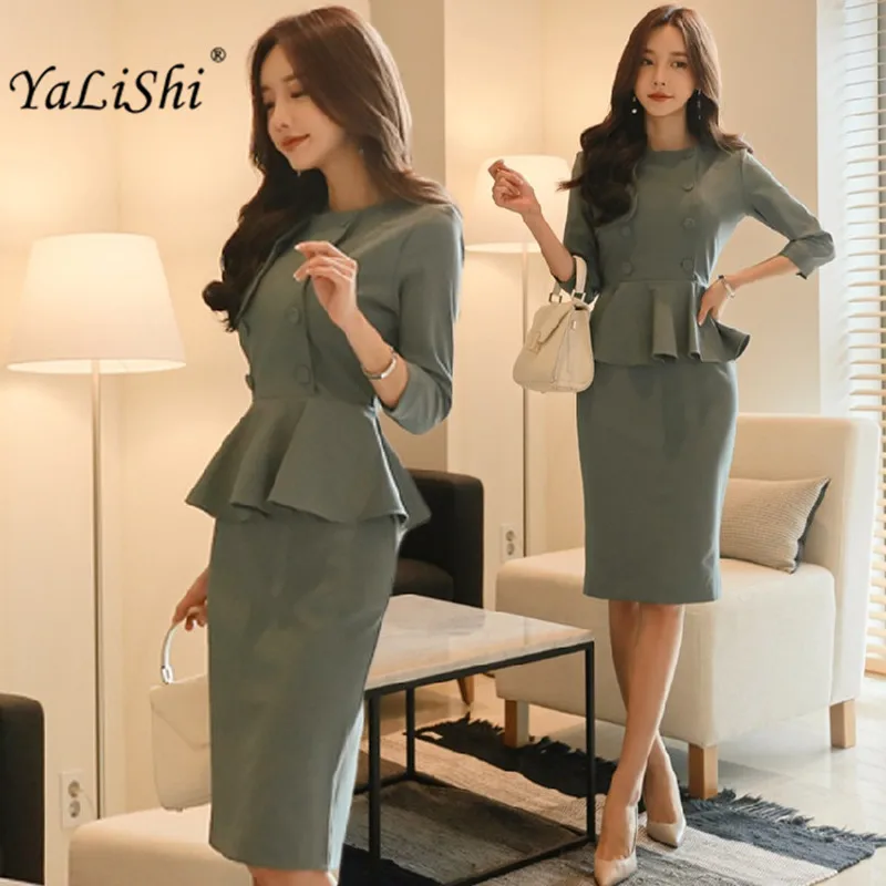 

YaLiShi 2021 New Autumn Women Dress Office Three-quarter Sleeve O-Neck Ruffles Dresses Slim Bandage Bodycon Dress Sexy Vestidos