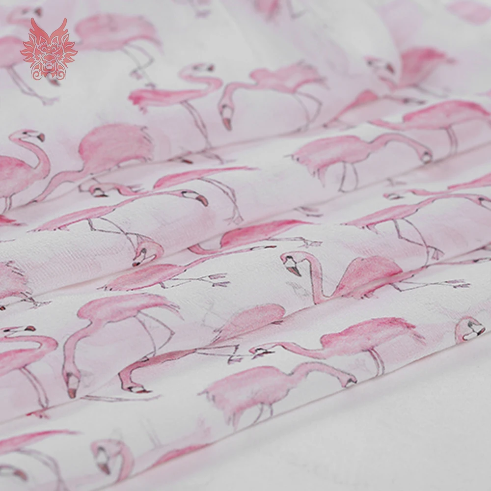 Праздничный Стиль Розовый Фламинго печати 100% натуральная ткань креп жоржет