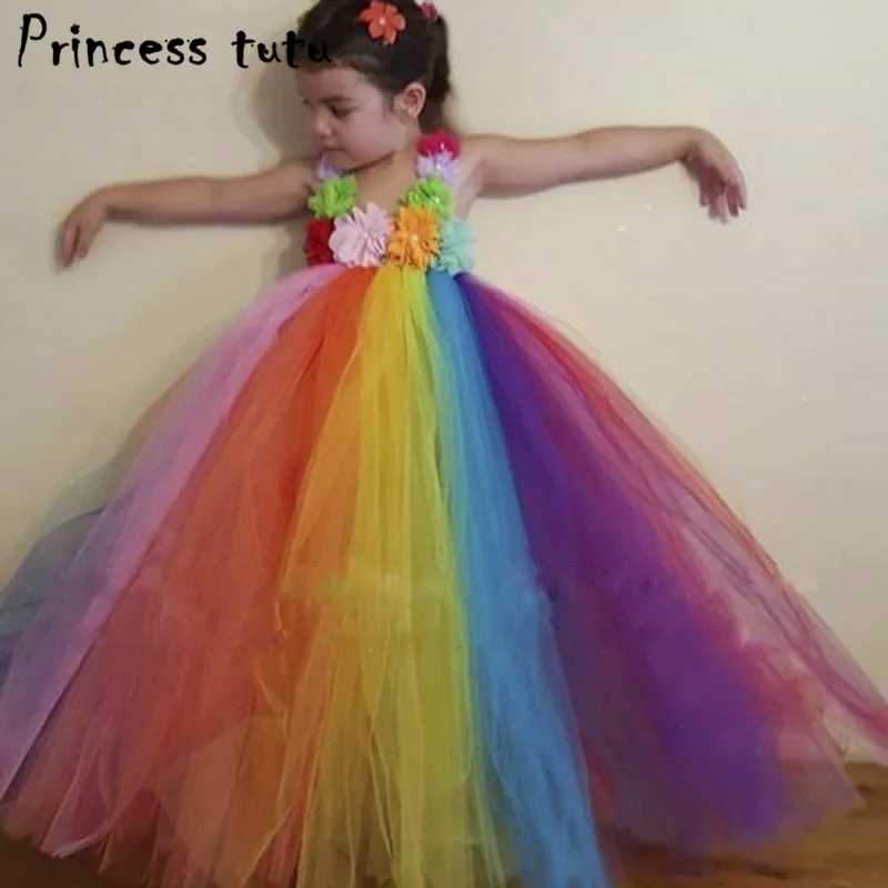 Качество ручной работы Радужное платье-пачка принцессы с цветочным рисунком для