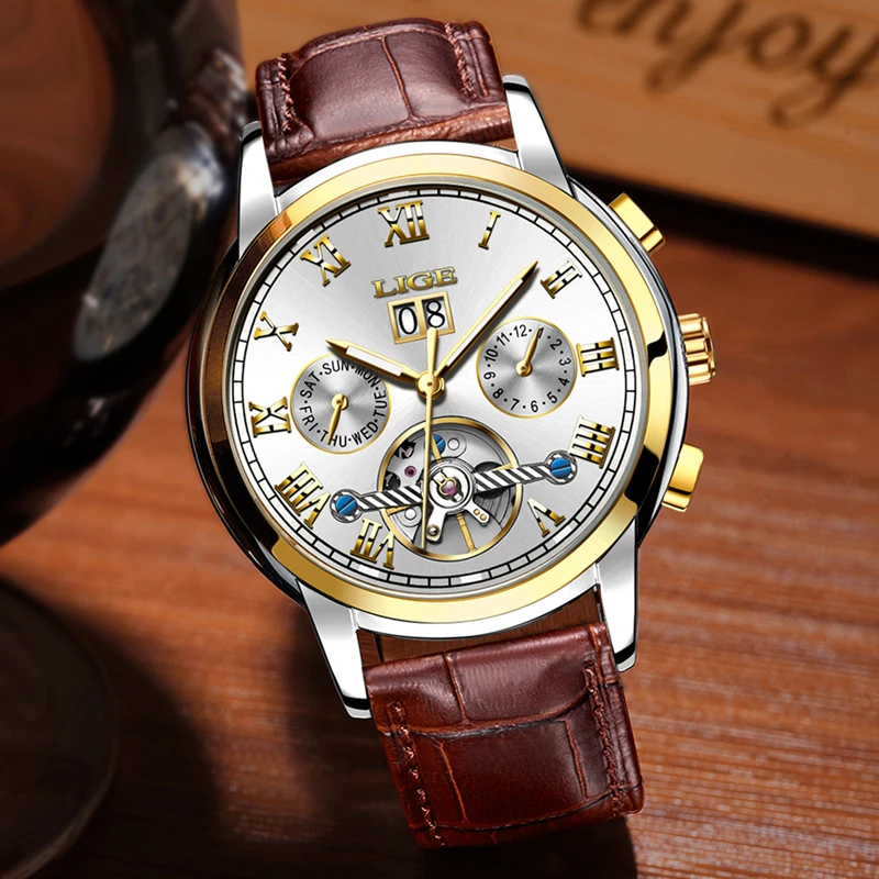 Lige Для мужчин S Часы лучший бренд класса люкс автоматические часы кожаный ремешок