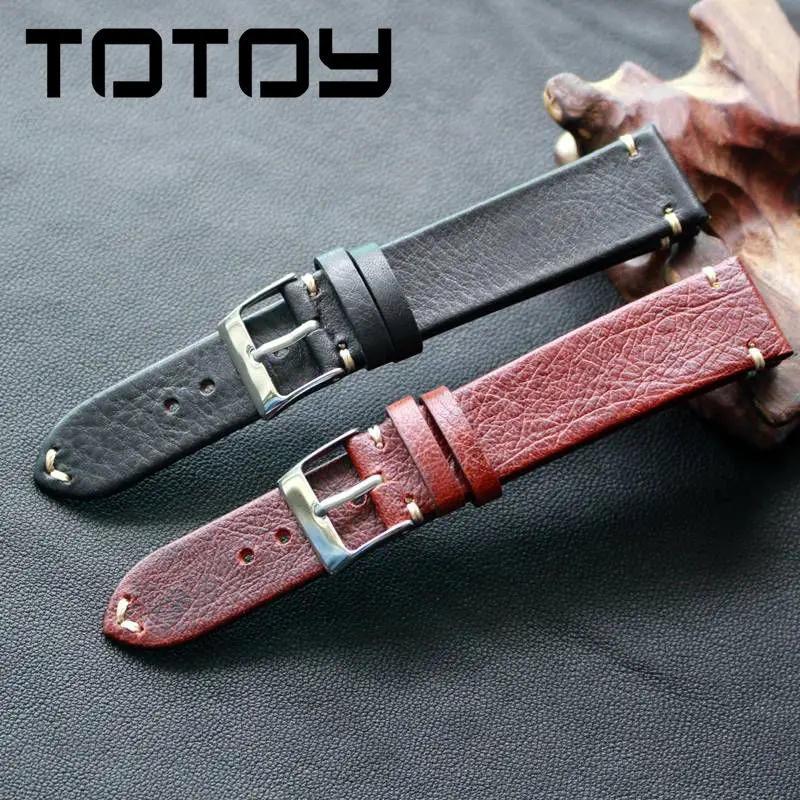 TOTOY очень тонкий винтажный верхний слой кожаный ремешок для часов, итальянский ремешок из телячьей кожи, 18 мм 19 мм 20 мм 21 мм 22 мм мужские модели мягких Ремешки для наручных часов