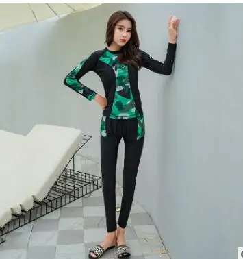 Зеленый Rashguard женский купальник закрытый Rashguard для купания лайкра Серфинг Виндсерфинг купальный костюм женские рубашки с длинными рукавами корейский принт - Цвет: Зеленый