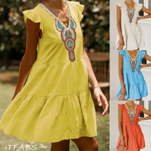 Женское хлопковое льняное мини-платье Boho с цветочным принтом и оборками