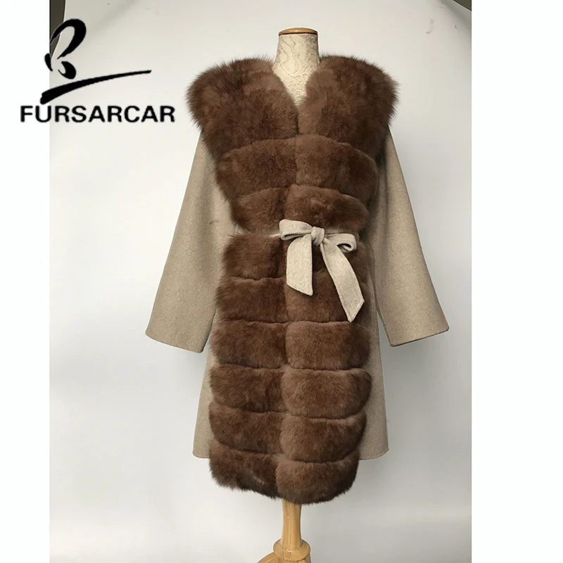 

FURSARCAR 2020 New Style Wool Real Fur Coat Women With Thick Long Fox Fur Collar Top Quality Autumn & Winter Warm Fur Jacket