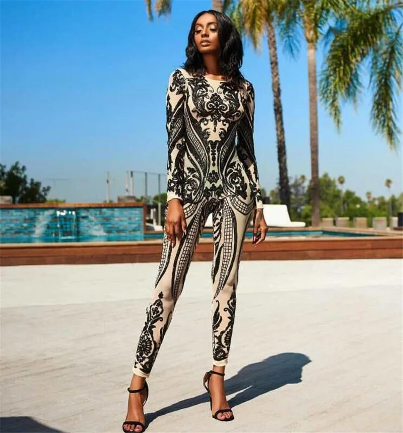 New Khaki Fashion Long Sleeve Sequins Full Length Bodycon Auntumn Jumpsuit Womens Rompers Jumpsuits