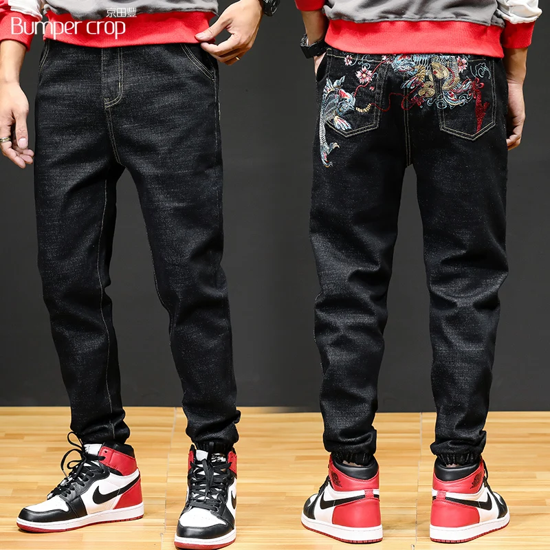

BUMPERCROP embroidery fish hip hop fashion jeans denim trousers men black Loose plus size biker luxury men clothing new fashion