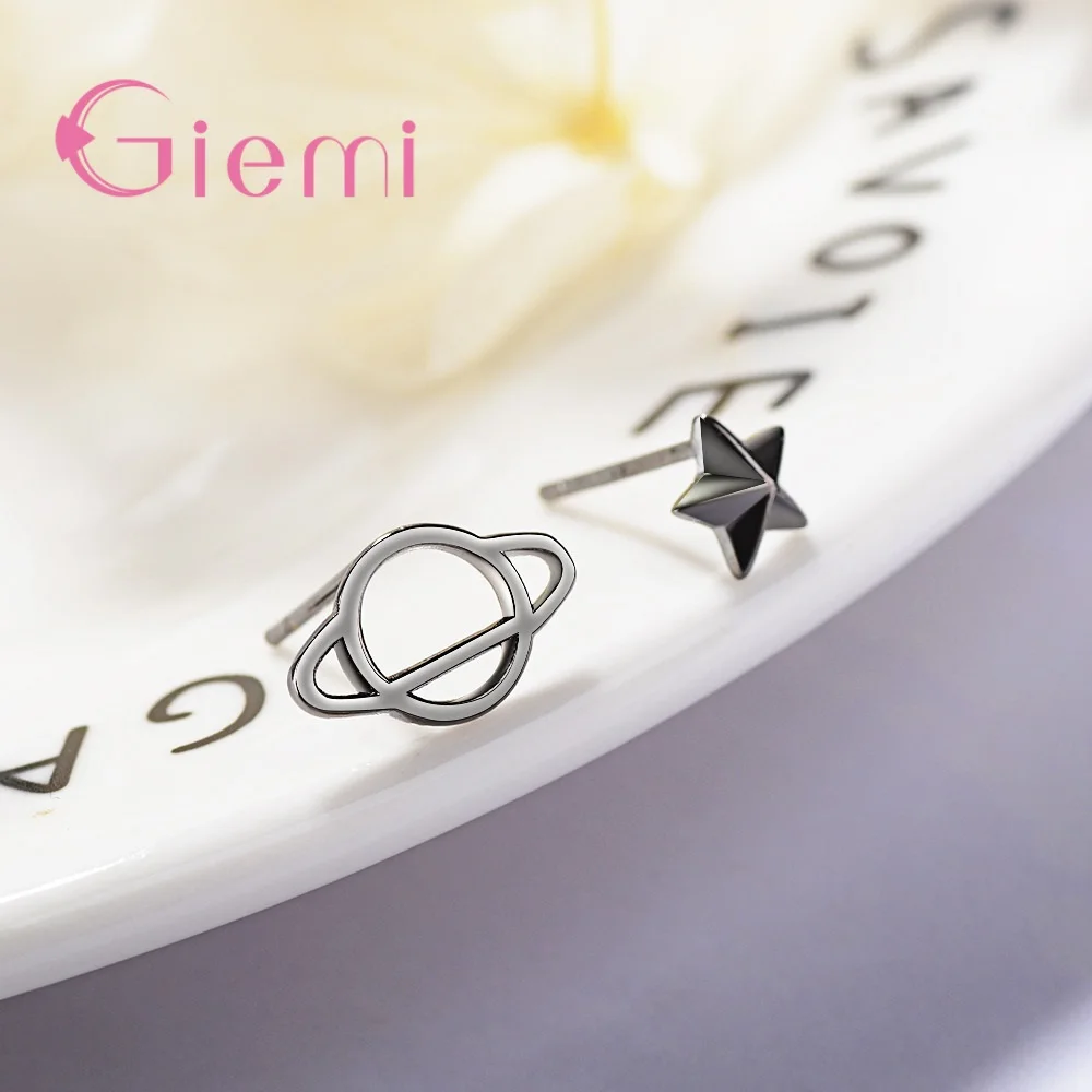 Universe Planet Saturn Black Trend Personality Creative 925 Silver Small Earrings Female Stars Asymmetric Stud Girl | Украшения и