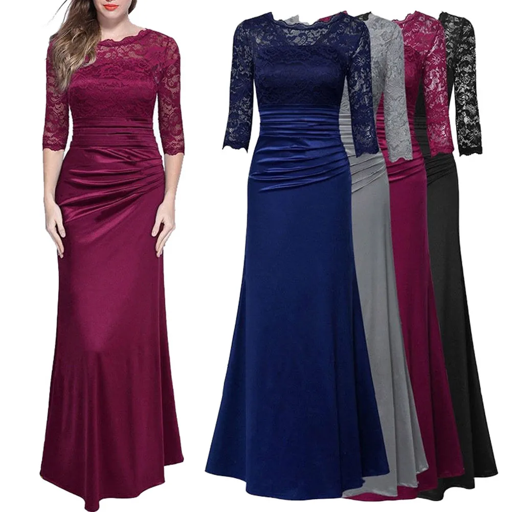 Женское длинное кружевное платье элегантное однотонное привлекательное