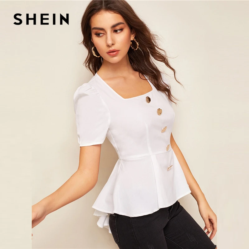 SHEIN топ с пышными рукавами и баской на пуговицах, белый винтажный Асимметричный топ с квадратным вырезом и рюшами, летние женские топы и блузки