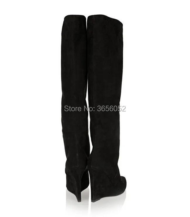 Qianruiti/Новинка года; Осенняя обувь на танкетке; женская обувь; botas mujer; цвет черный, серый; Замшевые женские высокие ботинки; сапоги до колена на танкетке с острым носком