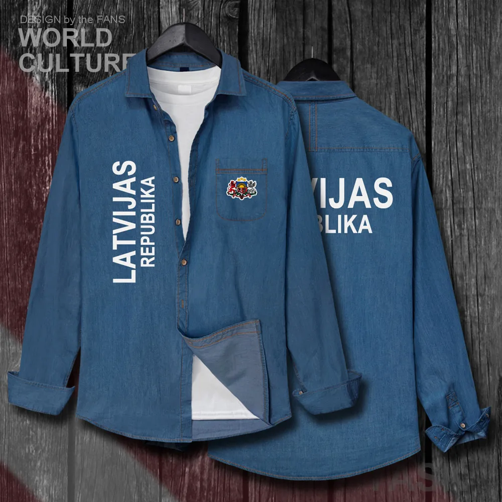 Латвийская LVA LV Latvijas мужская одежда осенняя куртка с длинным рукавом ковбойская куртка с воротником под горло джинсовая рубашка Топы 20