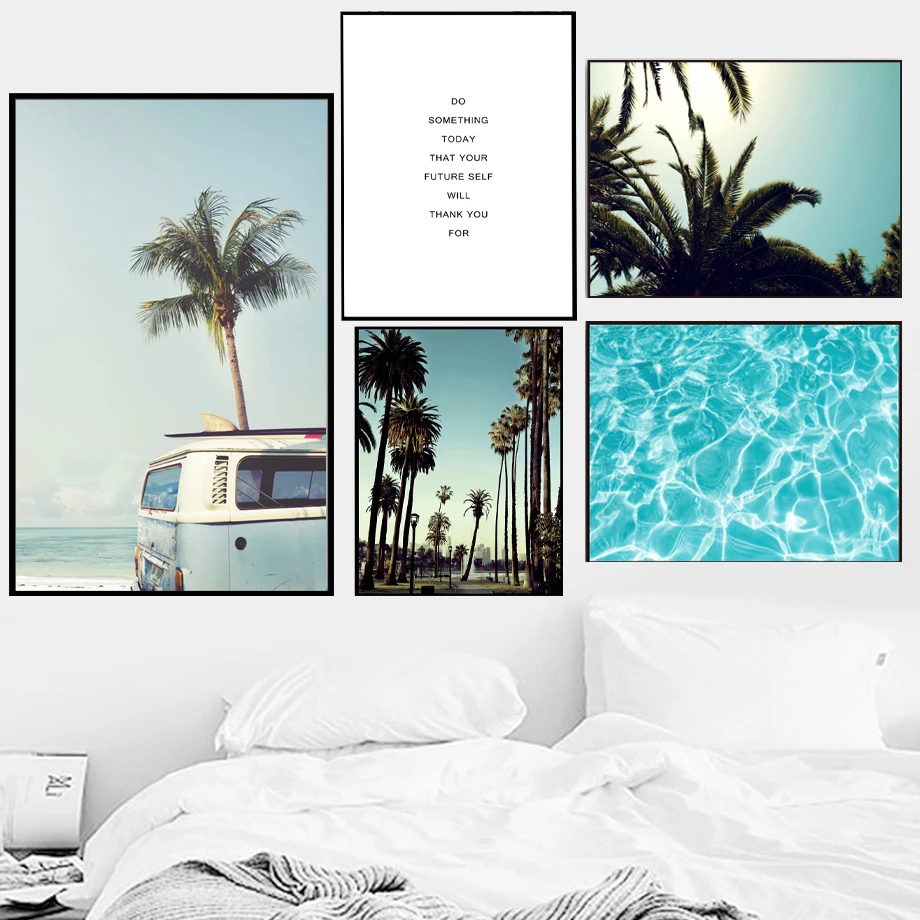 

Palm Trees Car Beach Ripple Water Quotes Wall Art Canvas Painting Nordic Posters And Prints Wall Pictures For Living Room Decor