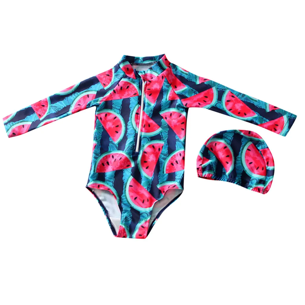 Kids Baby Girls swimwear Long Sleeve Fruit Print swimsuit baby girl Beach Swimwear Hat Clothes Set biquinis feminino