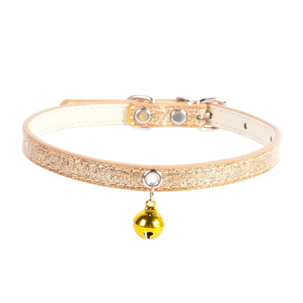 Glod(Gold) Кожаный ошейник для маленьких собак и кошек с колокольчиком, регулируемые ремни для кошек и котят, ошейники для щенков, ошейники для чихуахуа, товары для домашних животных - Цвет: Glod(Gold)
