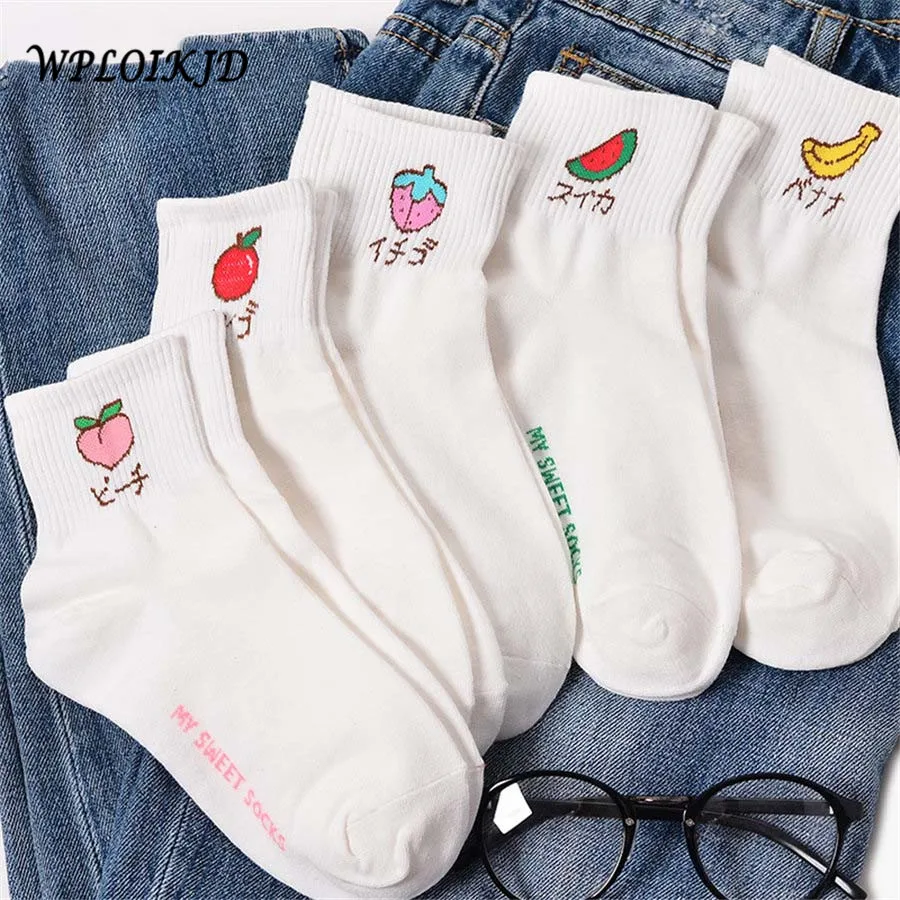 

[WPLOIKJD] Cute Art Socks Cartoon Fruit Embroidery Peach Strawberry Watermelon Banana Pattern Korean Harajuku Funny Meias