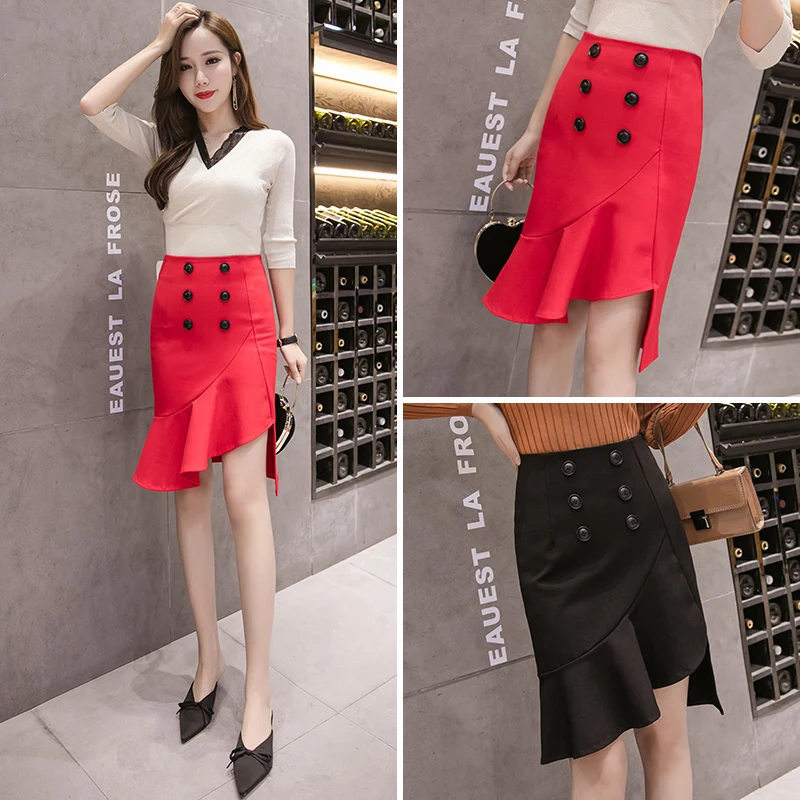 Осень 2018 элегантная миди юбка женская мода пуговица полудлина асимметричная
