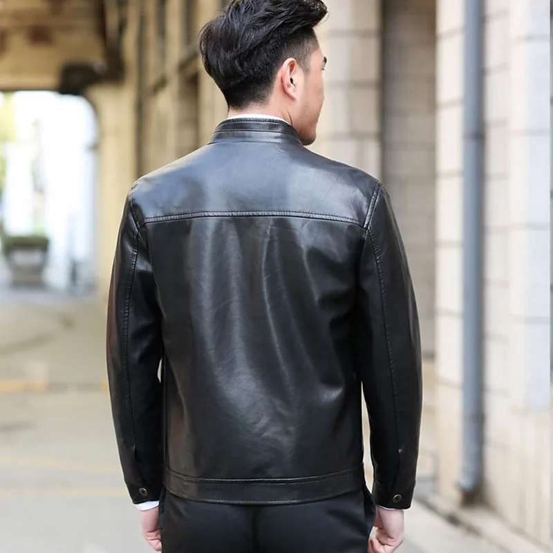 Spring Autumn Motorcycle Leather Jacket Men Slim Fite Zipper PU Men's Jackets Stand Collar | Мужская одежда
