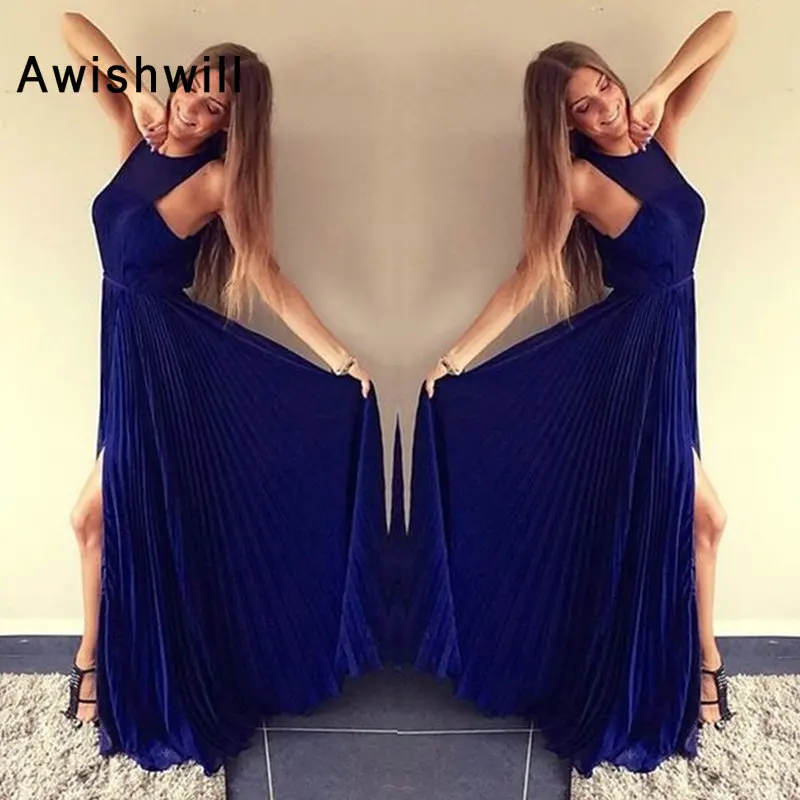 

Женское длинное вечернее платье, элегантное Плиссированное шифоновое платье темно-синего цвета с разрезом спереди, для выпускного вечера, ...
