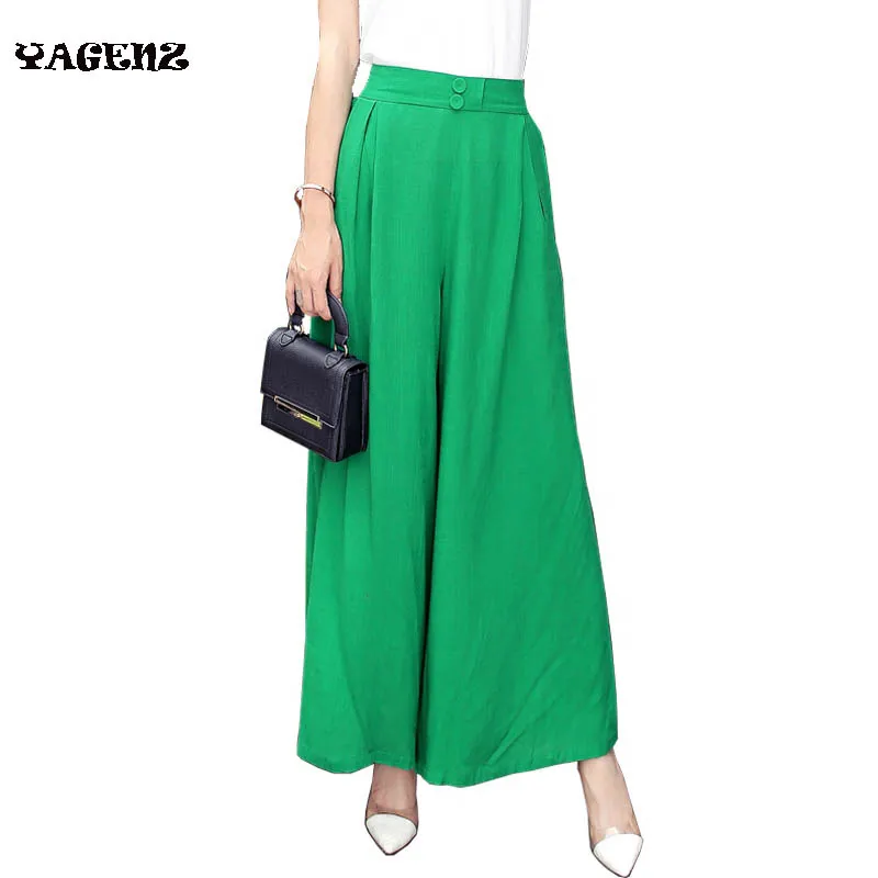 Брюки женские из тонкого хлопка и льна с широкими штанинами высокой талией |