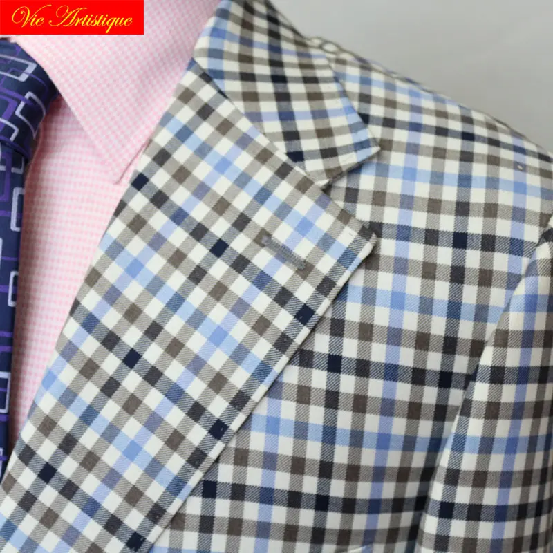 custom tailor made suits 3 pieces jacket pant vest wool Men's groom tuxedos slim fit wedding blue grey whales lattice plaid VA