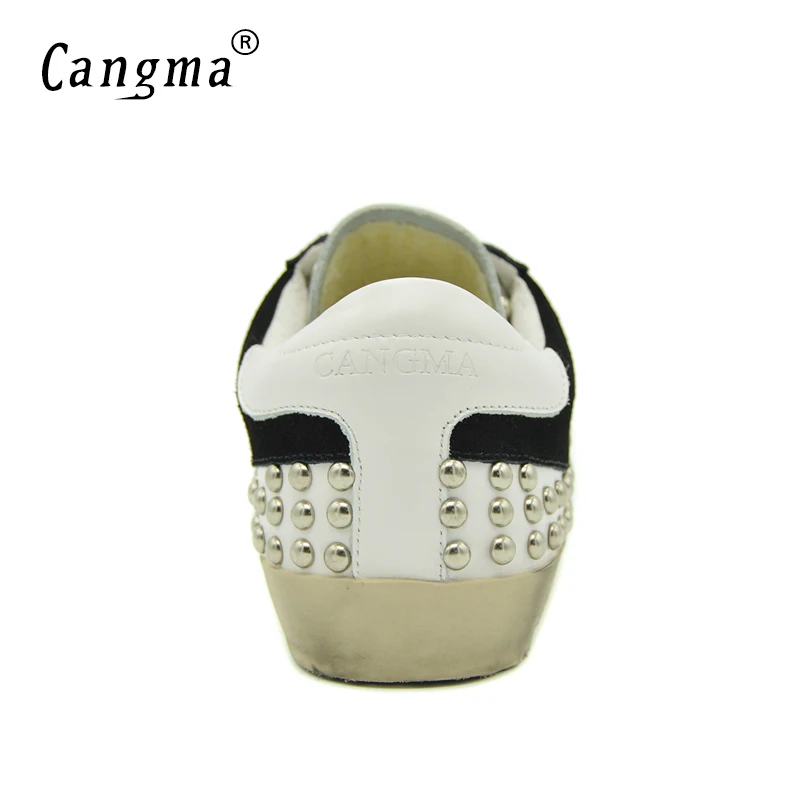 

CANGMA Autumn Brand Flat Shoes Women Retro Stud Platform Sneakers White Casual Shoes With Rivets Genuine Leather Female Footwear