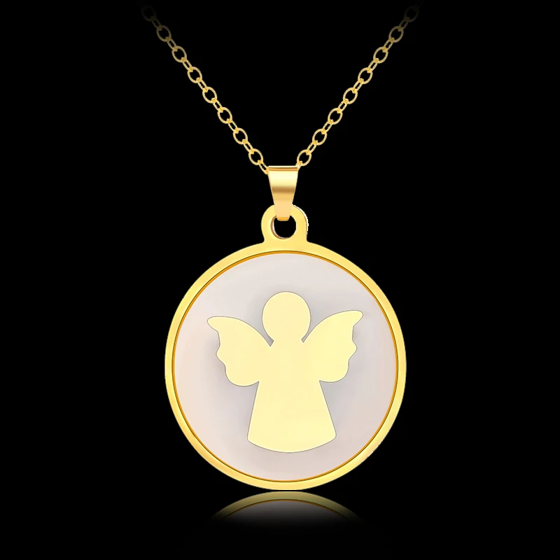 Fashion Cute Angel round pendant necklaces Gold/Steel color for women Stainlesss steel Shell necklace jewelry gift Bijoux | Украшения и