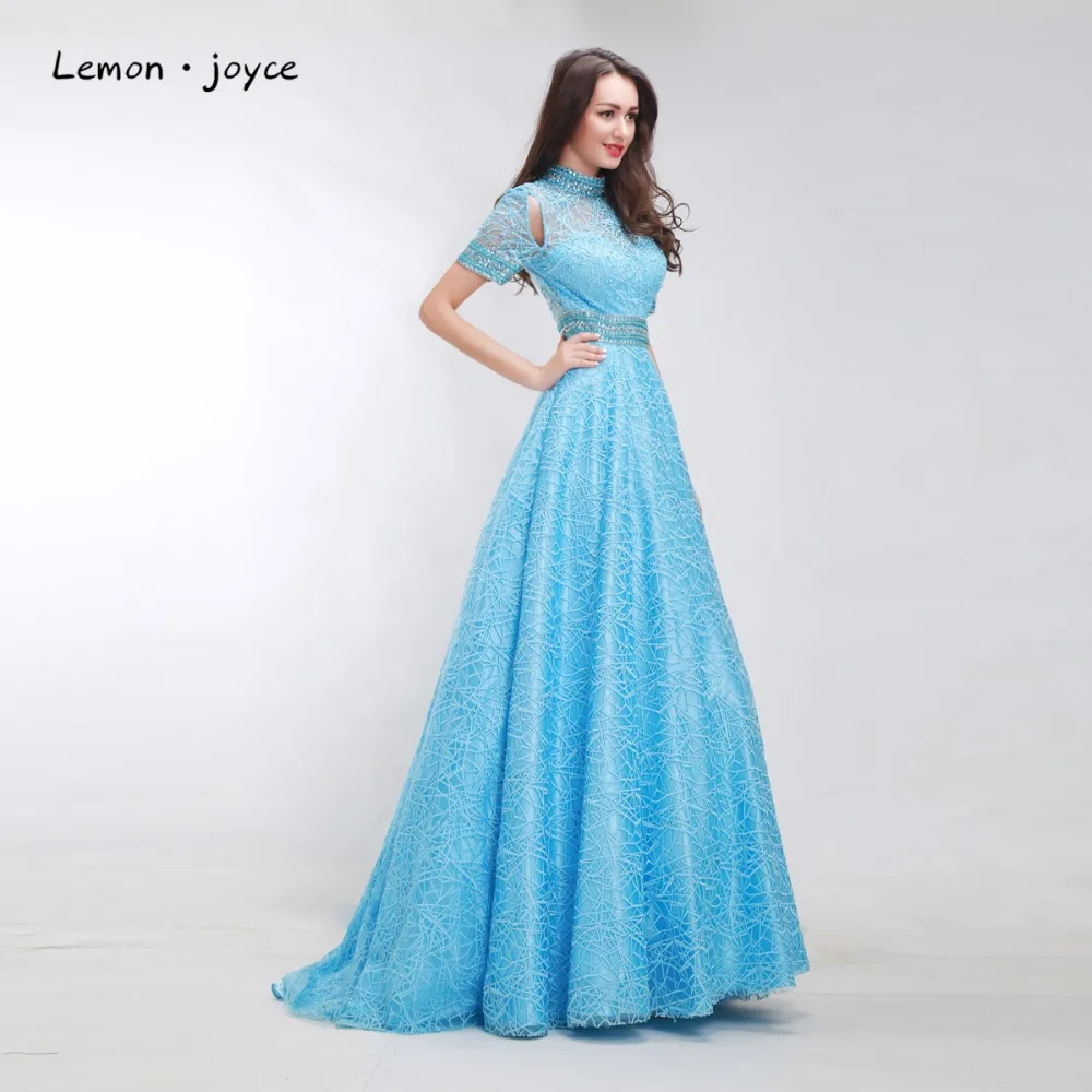 Синие Выпускные платья 2020 с коротким рукавом иллюзия трапециевидные вечерние