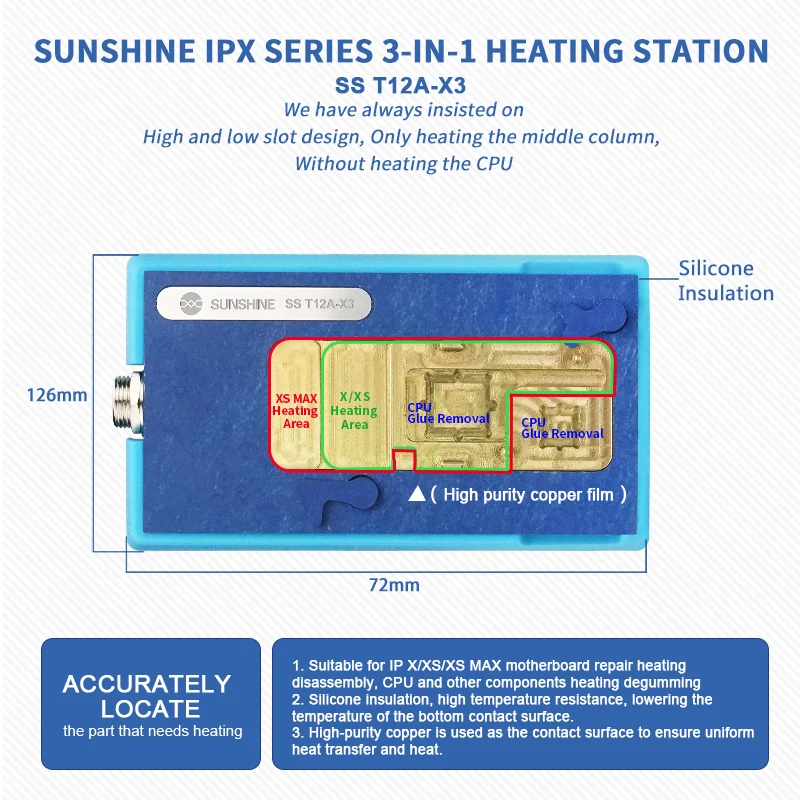 СТАНЦИЯ ДЛЯ НАГРЕВА SUNSHINE 3 В 1 SS T12A-X3 ДЛЯ ПЛАТЫ PCB, ЦПУ IPHONE X XS XSMAX, ПЛАТФОРМА ДЛЯ СНИМАНИЯ КЛЕЯ.
