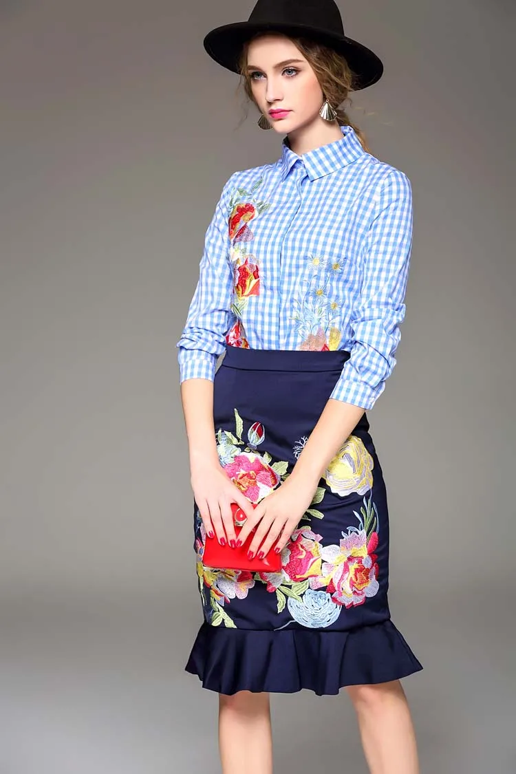 Новое Прибытие 2016 Осенние женщин Turn Down Воротник С Длинными Рукавами Вышивка