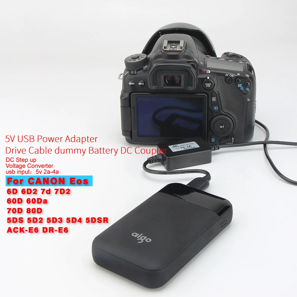 5V Power Supply USB LP-E6 Dummy Battery ACK-E6 DR-E6 Power Adapter for Canon EOS 5D Mark II III 5D2 5D3 6D 7D 60D 60D 70D 80D