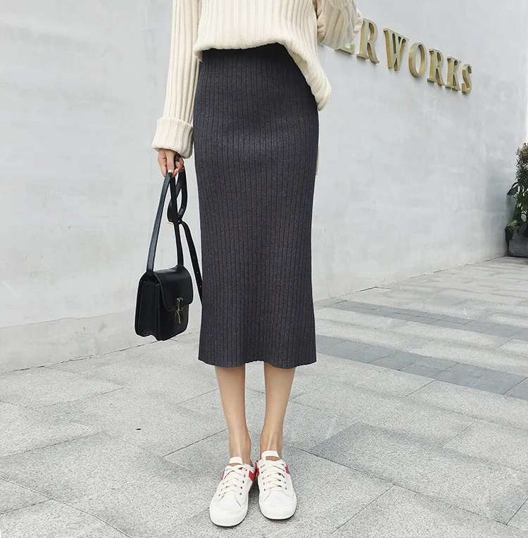 Fashion Large size knit split yarn sweater skirt autumn female fat MM long section thin package hip 611# | Женская одежда