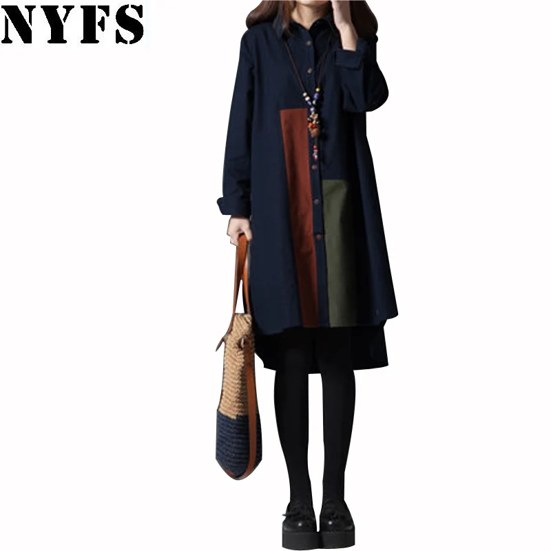 

Женское свободное платье-рубашка NYFS, хлопково-льняное платье с длинным рукавом, весна-осень 2021
