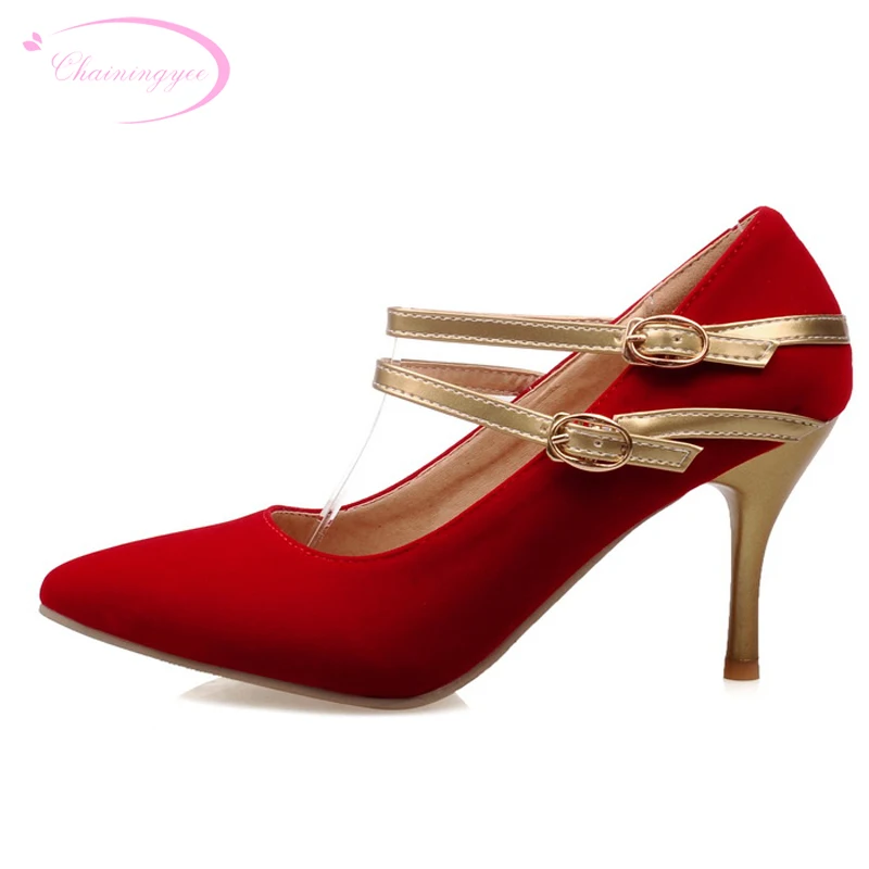 

Chainingyee sexy pointed toe pumps fashion color matching belt buckle black red blue high heels women shoes big size 21.5~28.5cm