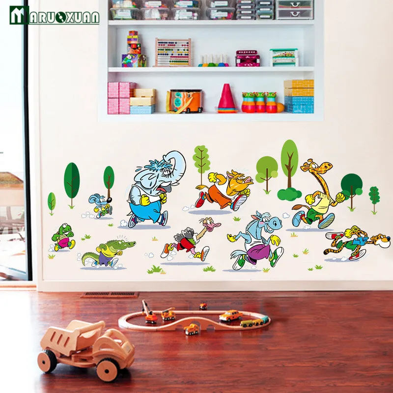 Maruoxuan Animals Marathon Cartoon Stickers Children's Room Living Bedroom Background Decorative PVC Wall | Дом и сад