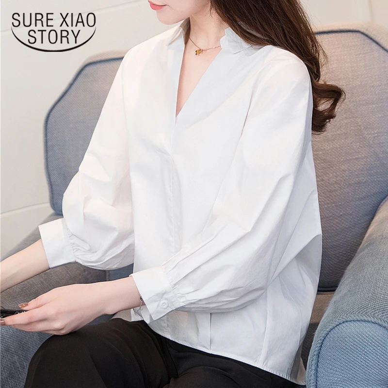 

new 2021 solid white long sleeve blouse shirt women tops and blouse cotton shirt ladies tops autumn V collar blusas 0863 40