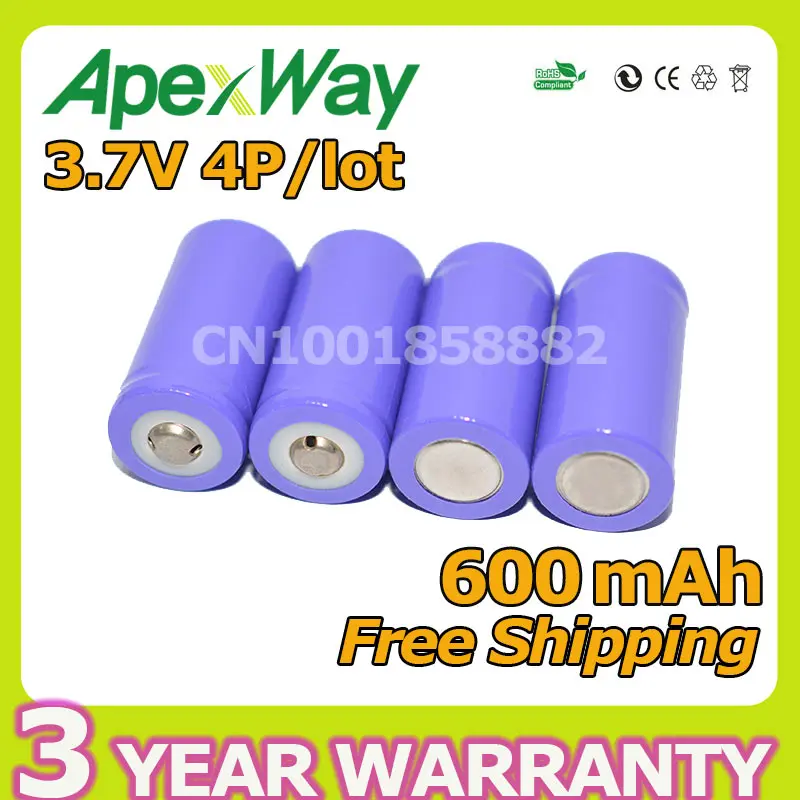 Аккумуляторная батарея Apexway 4 шт./лот 3 7 в 600 мАч Li-Ion 16340 для промышленного