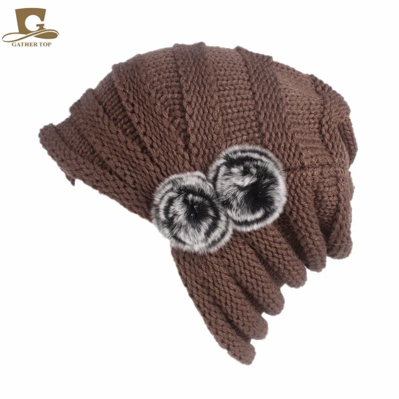 

New fashion women slouchy beanie ski baggy hat knitted skull cap with double rabbit fur bulb winter warm knitted hat