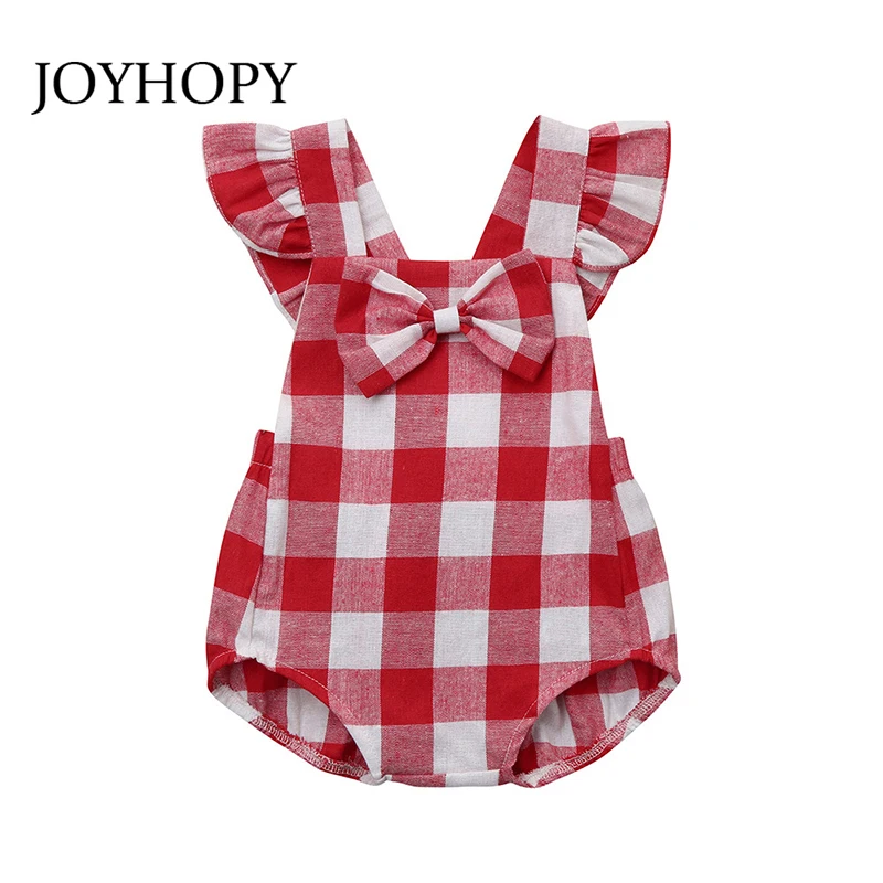 2018 Summer Spring Cute Baby Rompers Plaid Bowknot Girl Costumes Set Kids Jumpsuit Cotton Romper