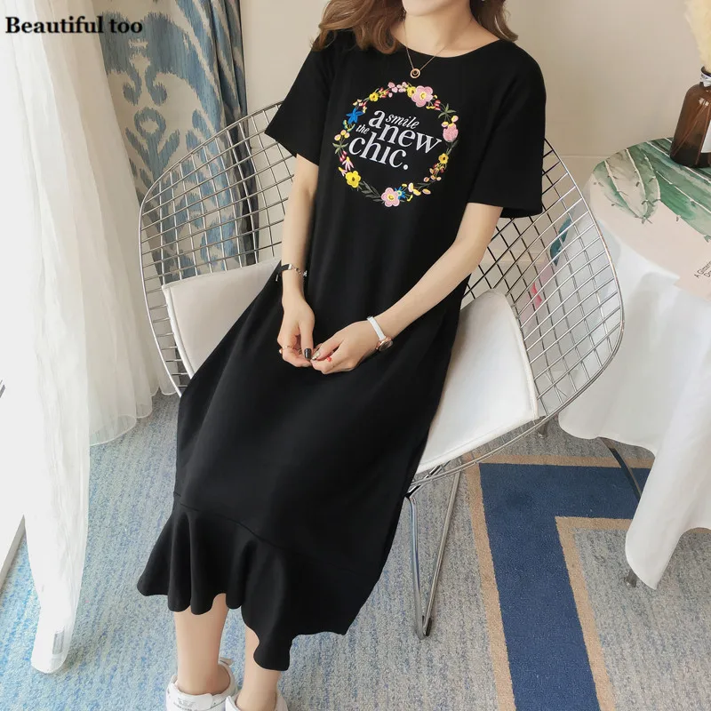 Women Shirt Dress Short Sleeve Elegant Cotton Casual Korean Long Midi Dresses Ruffles Floral Female Leisure Loose Clothes Tops | Женская