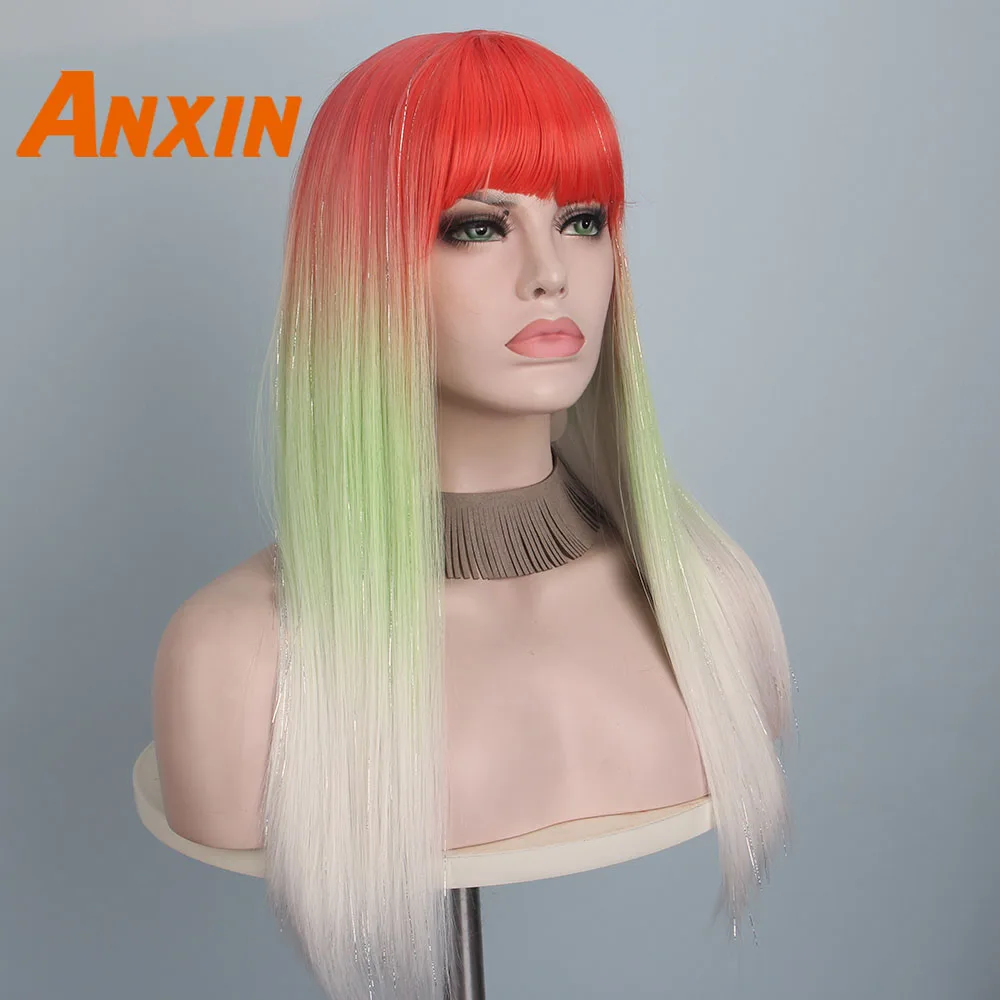 Anxin длинный прямой парик цвета радуги с челкой для женщин девочек аниме косплей синтетический парик - Цвет: #3