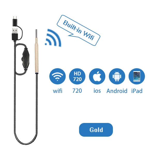 gold WiFi ушной эндоскоп 3,9 мм беспроводной цифровой ушной отоскоп Инспекционная камера с 6 светодиодный бороскоп для iPhone, Android, IPad, PC - Цвет: gold