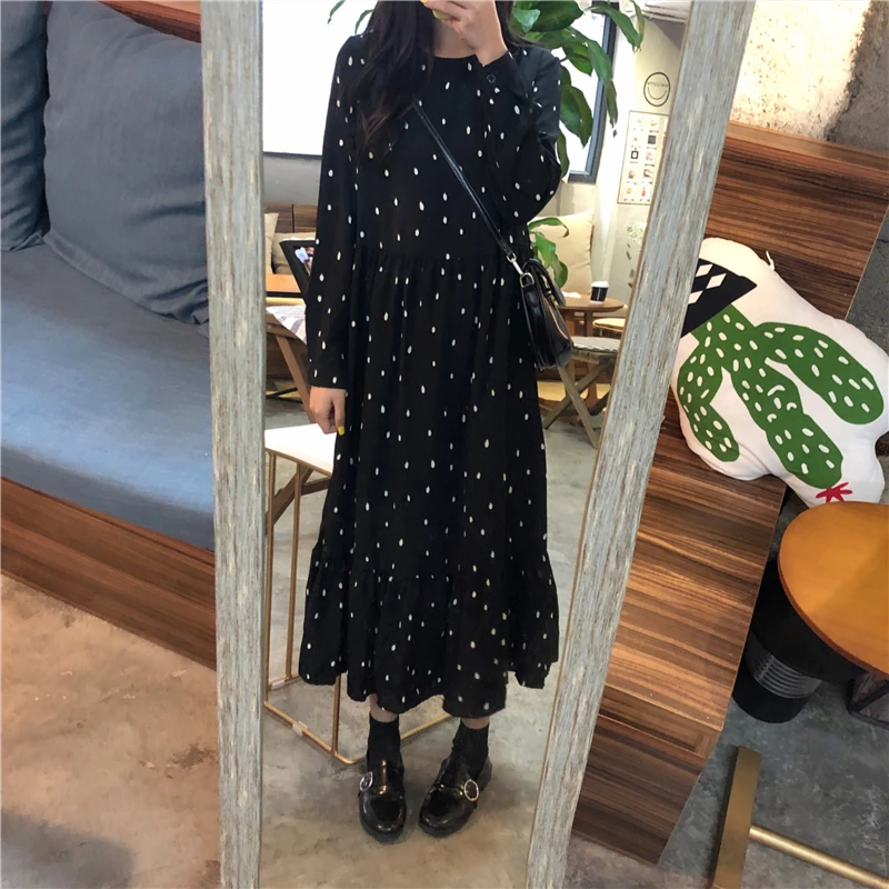 Платье размера плюс, 4XL, 3XL, женское повседневное милое платье с длинным рукавом в консервативном стиле, винтажное Свободное длинное гофрированное платье в горошек для девушек 6312