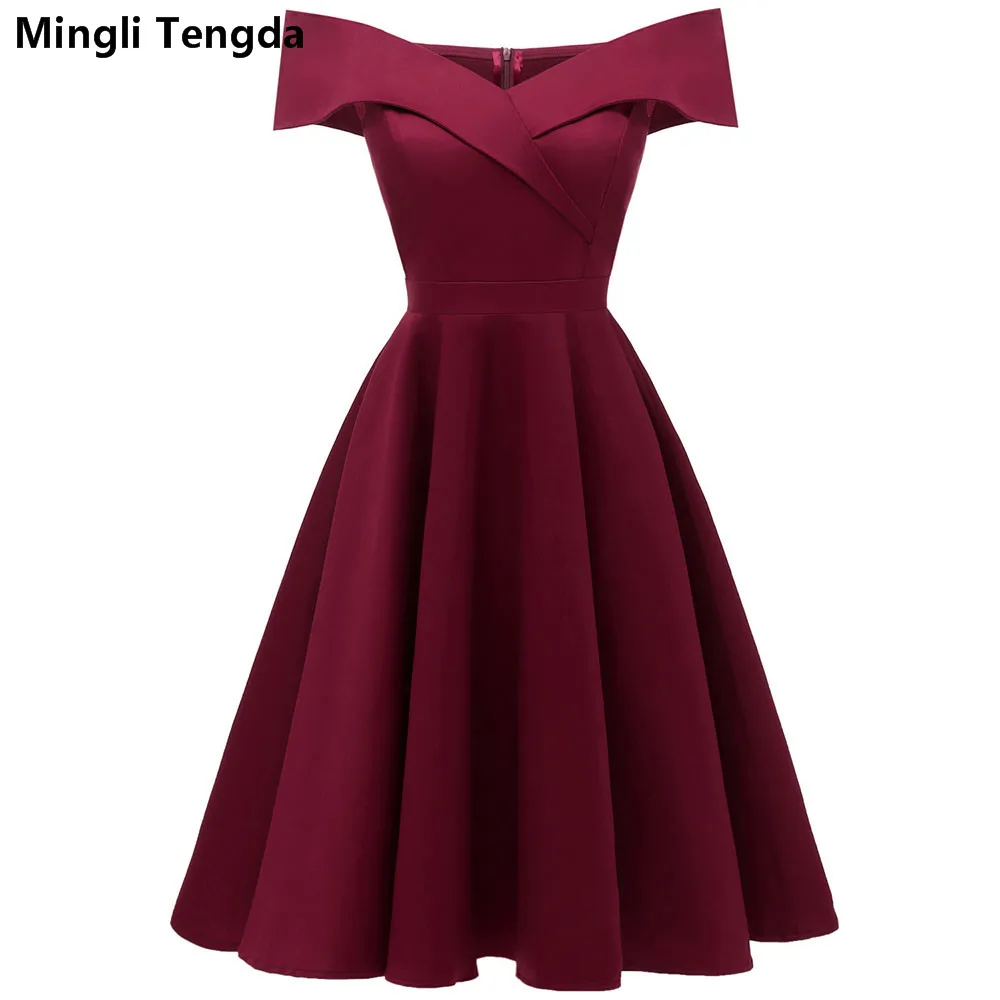 

Винтажное красное платье Mingli Tengda для подружки невесты, черное свадебное вечернее платье, элегантное простое платье с вырезом лодочкой, темн...