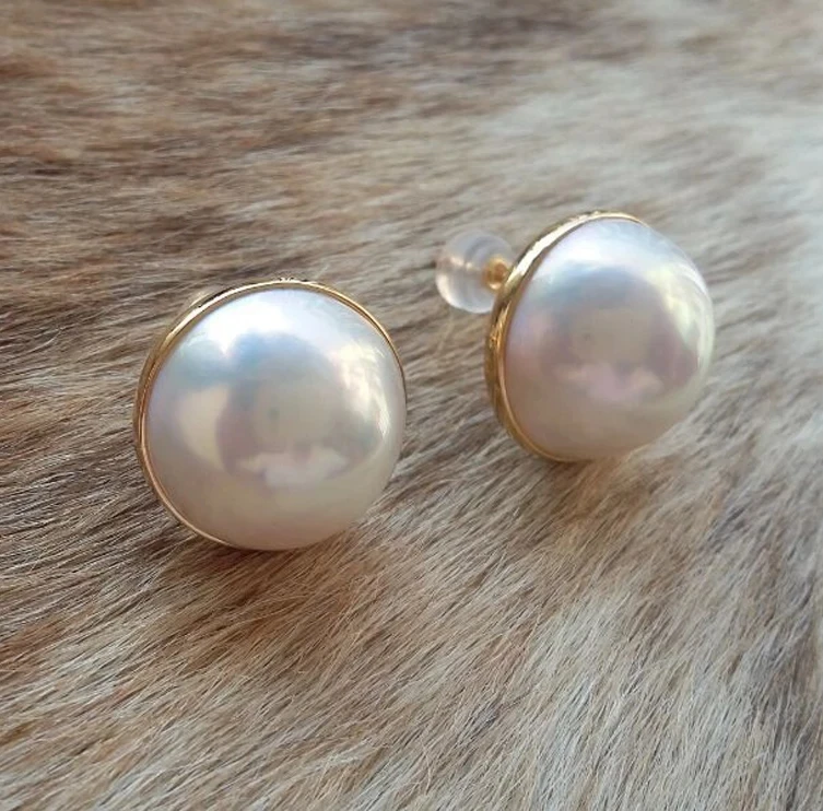 

one pair AAA white south sea mabe pearl earrings coin 18k/s925 stud 15-16mm wholesale beads FPPJ